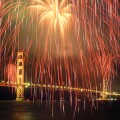 Fireworks and the Golden Gate Bridge during the 50th anniversary celebration of the opening of the bridge.