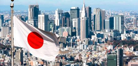 Panoramic view of Tokyo and Japanese flag, Japan