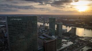London, England - 27 February 2015: The headquarters of JPMorgan Europe, a branch of JP Morgan Chase Co., at 25 Bank Street, part of the Canary Wharf