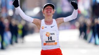 Nienke Brinkman finishes with a new Dutch record for women during NN Marathon of Rotterdam on April 10, 2022 in Rotterdam, Netherlands Credit: SCS/Soenar Chamid/AFLO/Alamy Live News