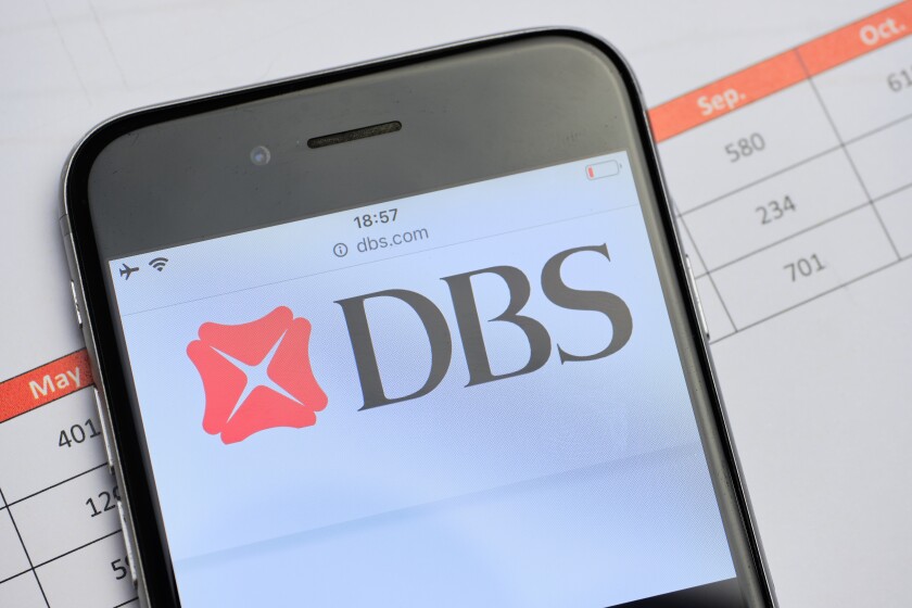 russia, st.petersburg, 14 February 2021 logo DBS Group Holdings on the website screen smartphone. Close up.