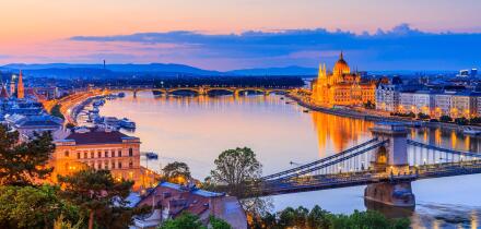 Budapest, Hungary. Panoramic view with the Chain Bridge and the Parliament on the Danube river.