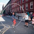 Young girls practice their double dutch skills on a Harlem play street. Image shot 1994. Exact date unknown.