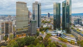 FRANKFURT AM MAIN, GERMANY, OCTOBER 10, 2020: The headquarters of Deutsche Bank and the skyscraper Maintower of Frankfurter Sparkasse Helaba.