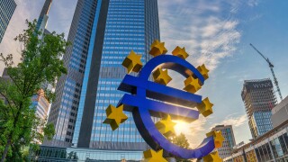 Frankfurt, Germany - July 9, 2017: sunrise city skyline at European Central Bank (ECB) and Euro Sign