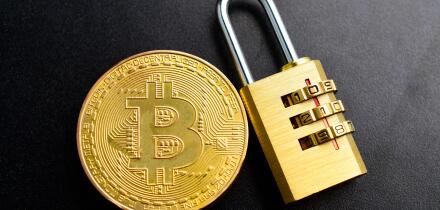 Top View Of Bitcoin With Password Protected Padlock, Password Protected Bitcoin