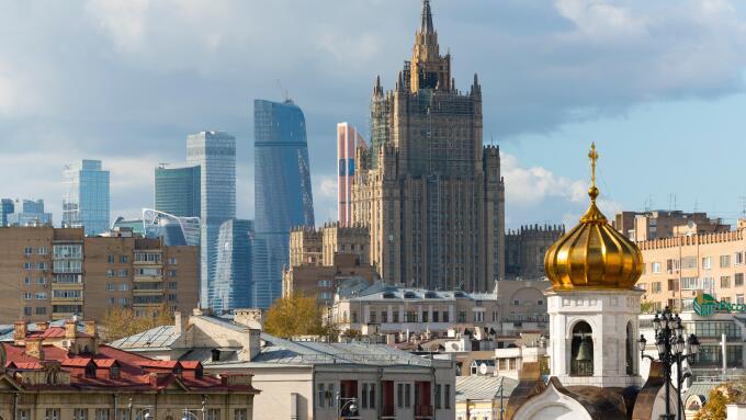 View of old and new skyscrapers, Moscow, Russia