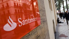 Sign on entrance of Spanish bank Santander in Valencia city. Spain