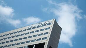 UTRECHT / NETHERLANDS - APRIL 15, 2019: DE VOLKSBANK sign at building exterior against a blue sky