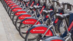 Santander Cycles Hire docking station in Shoreditch, London England United Kingdom UK