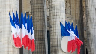 French flags at the Pantheon Paris France. Image shot 2008. Exact date unknown.