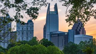 Midtown Atlanta, Georgia skyline at sunset from Piedmont Park. (USA)