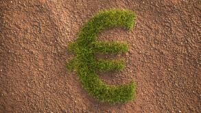 Green grass Euro sign in an arid landscape. Concept for corporate responsibility and ESG (environment social governance) standards in investing.