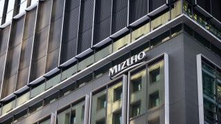 Logo of Mizuho Bank on their headquarter building in Otemachi, Tokyo on November 25, 2022.