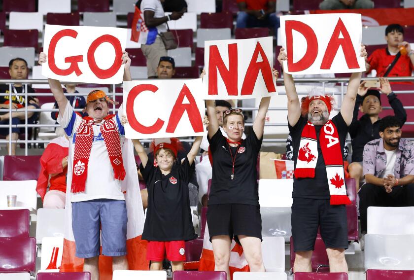 Canada supporters cheer ahead of a World Cup Group F football match against Croatia at Khalifa International Stadium in Doha, Qatar, on Nov. 27, 2022. (Kyodo)==Kyodo Photo via Credit: Newscom/Alamy Live News