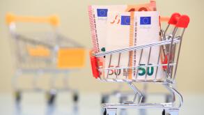 Loan concept. Euro currency in shopping trolley in studio light.