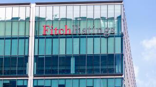 Fitch Ratings Agency logo on their building in Canary Wharf, Docklands, London, UK