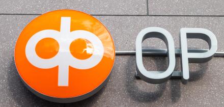 Kouvola, Finland - 22 September, 2019: OP-Pohjola Group bank sign on the wall of bank office.