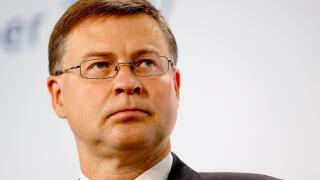Berlin, Germany. 12th Sep, 2020. Valdis Dombrovskis, EU Vice-President and Commissioner for Economic and Capital Services, makes a statement on the second day of the informal meeting of EU economic and finance ministers. Credit: Odd Andersen/AFP/dpa/Alamy