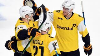 Riga, Latvia. 29th Jan, 2021. Severstal Cherepovet's players celebrate during the 2020-2021 Kontinental Hockey League (KHL) ice hockey match between Dinamo Riga and Severstal Cherepovets in Riga, Latvia, Jan. 29, 2021. Credit: Edijs Palens/Xinhua/Alamy Li