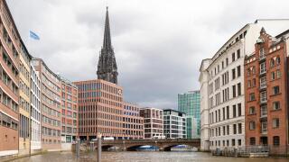Dramatic cloudscape over the financial district of Hamburg.