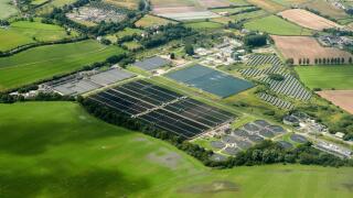 An aerial image of United Utilities Water Treatment works, Parbold, north west England, UK