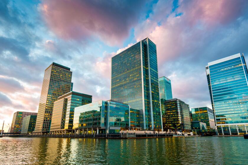 Canary Wharf at dusk, Docklands, London, England, United Kingdom, Europe