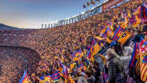 Festive mood at Camp Nou stadium, full sold out with 91,648 spectators, the world attendance record for a women's football match, in 2022 Champions