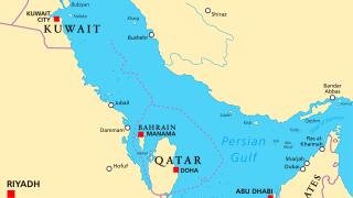 Persian Gulf region countries political map. Iran, Iraq, Kuwait, Qatar, Bahrain, United Arab Emirates, Saudi Arabia, Oman. Illustration. English.