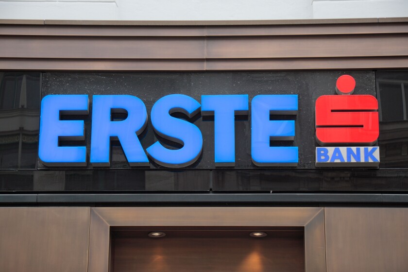 The logo for the Erste Bank above a branch in Vienna (Wien), Austria.