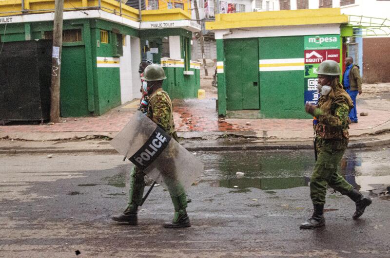 Nairobi, Kenya. 27th June, 2024. Riot police patrol the streets during a demonstration against a proposed finance bill in Nairobi, Kenya, on Thursday on June 27, 2024. A finance bill proposed by President William Ruto sparked weeks of protests in Kenya th
