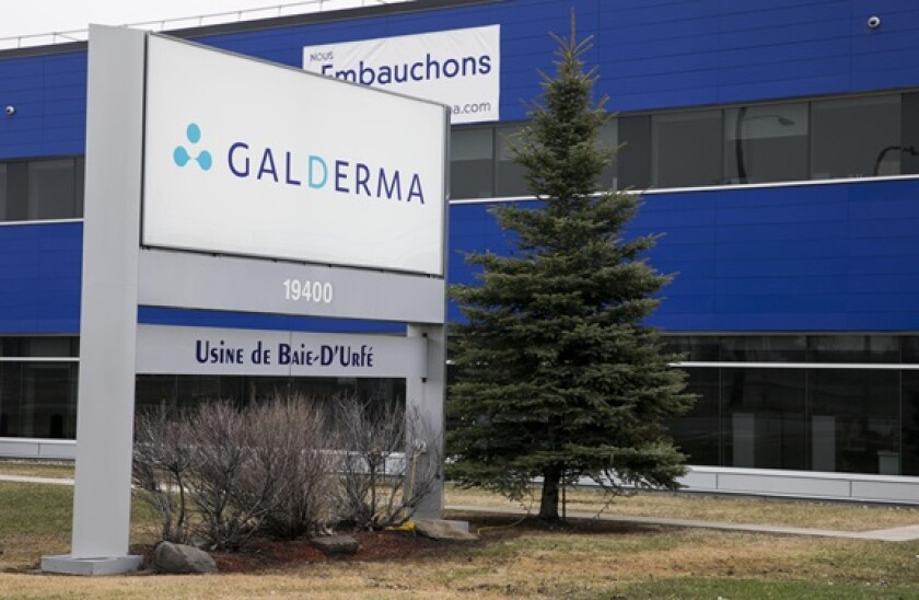 A logo sign outside of a facility occupied by Galderma in Baie-d?Urfe, Quebec, Canada, on April 21, 2019. (Photo by Kristoffer Tripplaar/Sipa USA)