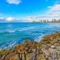 View of the coastal city skyline and beaches of Tel Aviv, Israel, from the ancient city of Jaffa, along the Mediterranean Sea.