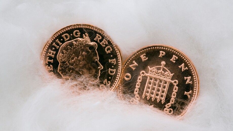 Two copper penny coins in close up wrapped in cotton wool for protection. Protecting money and austerity concept. UK