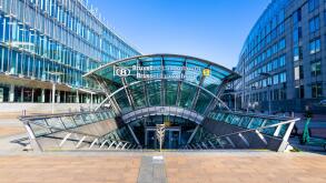 Entrance to Brussels-Luxembourg railway station and the Jozsef Antall building, European Quarter, Brussels, Belgium