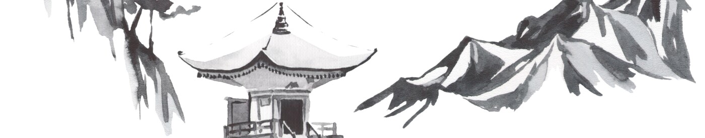 Japan traditional sumi-e painting. Fuji mountain, sakura, sunset. Japan sun. Indian ink illustration. Japanese picture.