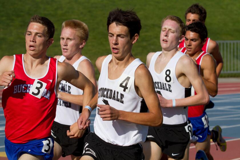 May 21, 2011 - Fresno, CA - Stockdale's Blake Haney delivered one of the best-ever boys 1600 performances at the section track championships in Clovis Saturday. Haney (4) set a state record for freshmen and the overall central section record. Here he runs