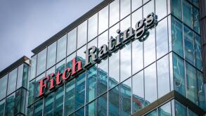LONDON-  Fitch Ratings exterior logo in Canary Wharf, one of the 'big three' credit ratings agencies.