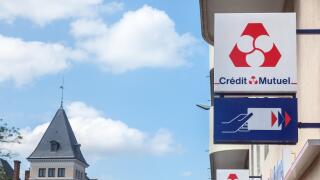 LYON, FRANCE - JULY 15, 2019: Credit Mutuel logo in front of their local bank in Lyon. Credit Mutuel is a cooperative bank, one of main french banks a