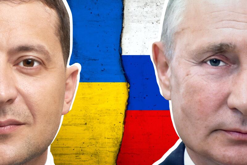 Volodymyr Zelensky, Vladimir Putin, Ukrainian flag and Russian flag