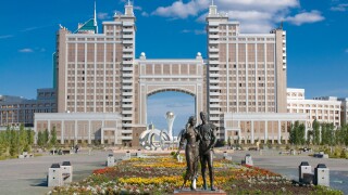 The Kay Munay Gaz building and the Bayterek monument, Astana, Kazakhstan, Central Asia