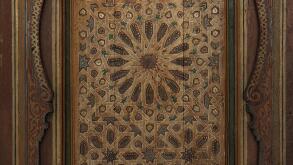 Islamic art.Typical wooden Moroccan door in a religious building.Marrakesh,Morocco,Africa