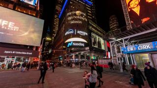 The giant digital screen on Nasdaq headquarters in Times Square in New York promotes Amazon?s ?buy now pay later? payment scheme Affirm on Wednesday, November 8, 2023.(© Richard B. Levine)