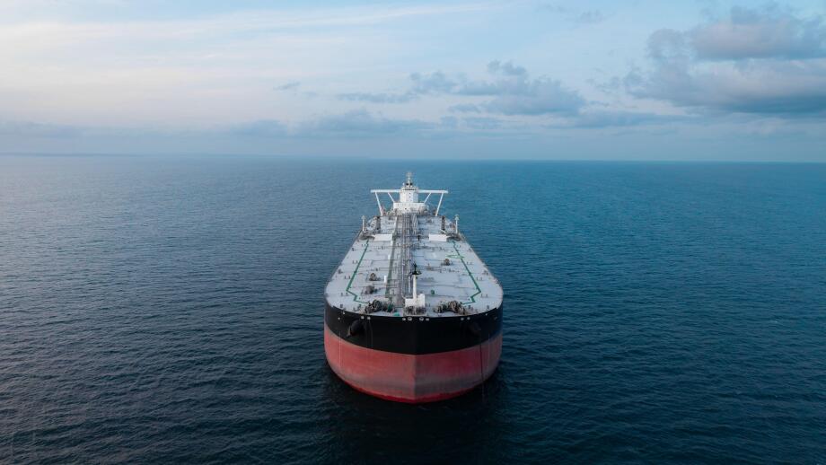 Aerial view of a large crude oil product tanker ship in the Strait Of Hormuz transporting oil and petroleum products around the world