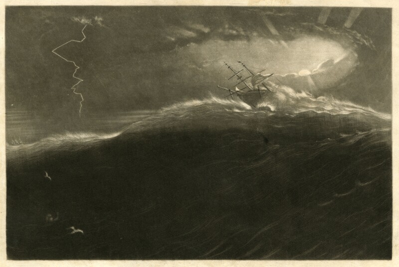 1848 engraving, "Overboard in the Gulf." Note small figure in dark waves in left corner near birds.. Image shot 03/2009. Exact date unknown.