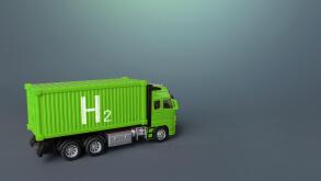 Green freight truck on hydrogen fuel cells. Innovative green technologies in transport industry. Environmentally friendly, carbon emission free. Trans
