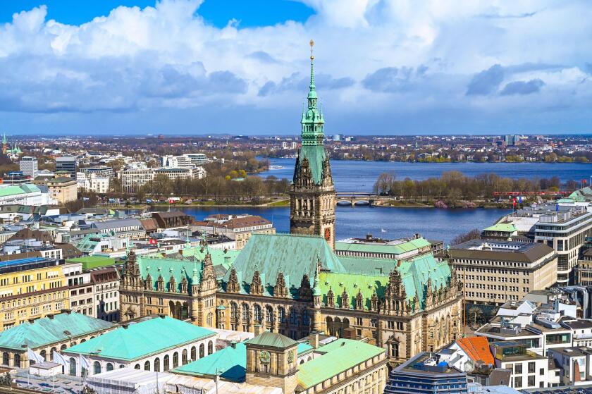 Aerial view of Hamburg cityscape with Rathaus and Alster Lake