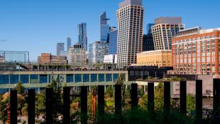 New York city, Manhattan landscape with unique shapes buildings named Hell's kitchen. Pier 88 in the foreground.