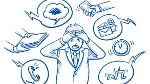 Business man holding his head in pain, surrounded by work icons,