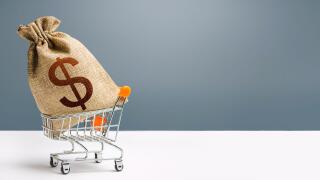 Dollar money bag on a shopping cart. Profits and super profits. Loans and microloans. Minimum living wage. Consumer basket. Business and trade concept